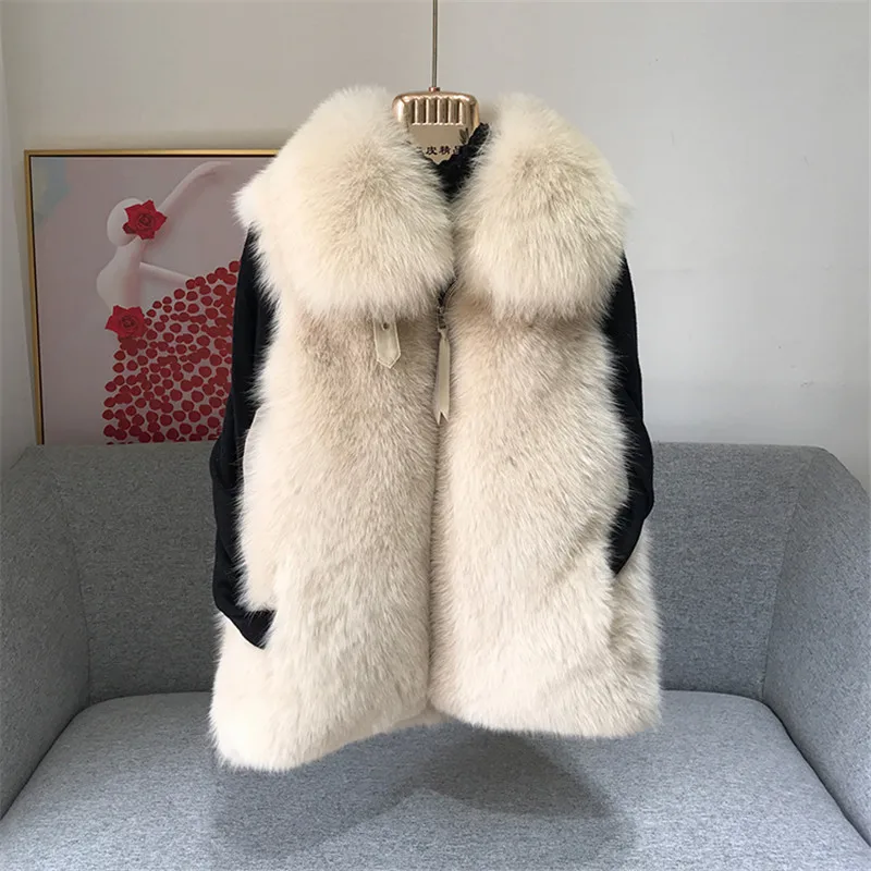 FURSARCAR 2021 Genuine Motorcycle Leather Fur Vest With Collar Real Natrual Fox Fur For Women Winter Whole Skin Waistcoat