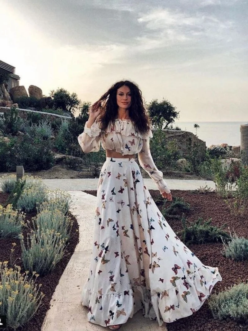 

Women Spring Summer Butterfly Print Pairy Two-piece Bohemian High Waist Large Skirt Beach Long Skirt and Long Sleeve Sweet Tops
