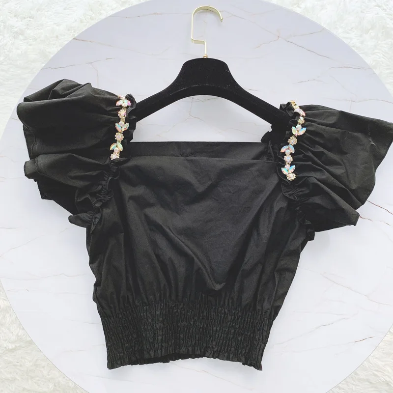 

2020 Summer Blouse New Beads Shirt Women's Vintage Black Sexy Short Top Vintage Female Slim Pullover Crop Tops Blusas Mujer