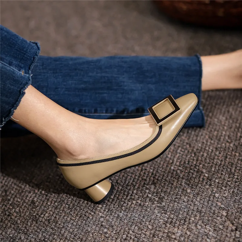 

MORAZORA Plus Size 33-42 Women Pumps Genuine Leather Office Dress Shoes Summer Shallow Square Toe Buckle Ladies Single Shoes