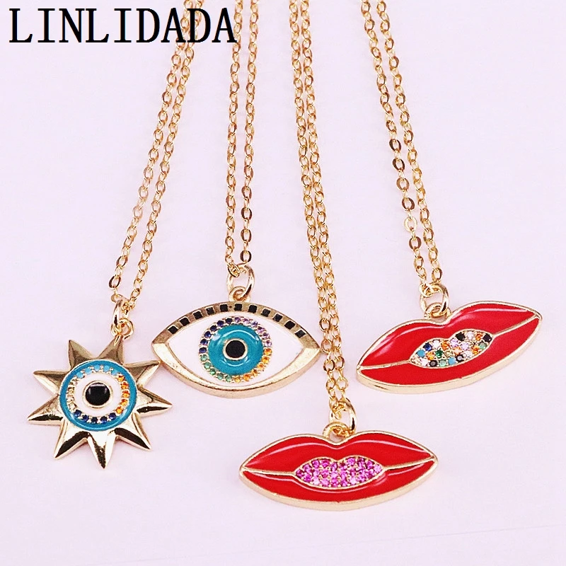 

12Pcs Fashion Metal Pave Cz and Enamel Charm Lip/Eye Pendant Link Chain Jewelry Women Jewelry Necklaces