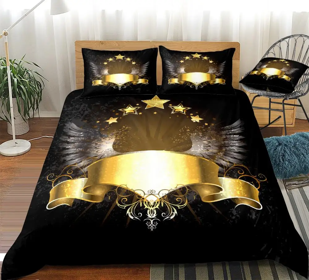 

Gold Wing Bedding Set Star Duvet Cover Set Black Luxury Style Home Textiles Bedspread Bedlinen For Boys Teens Bedclothes