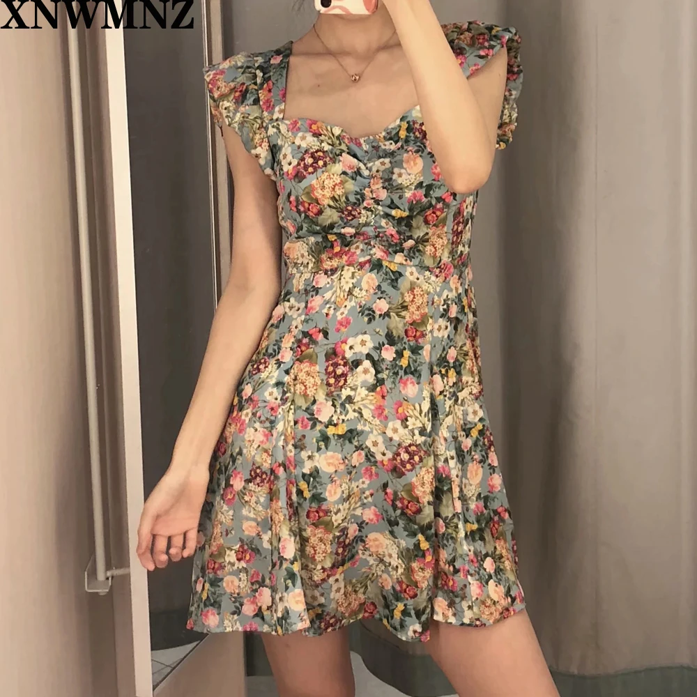 Женское мини платье с V образным вырезом рукавами крылышками и оборками|Женские