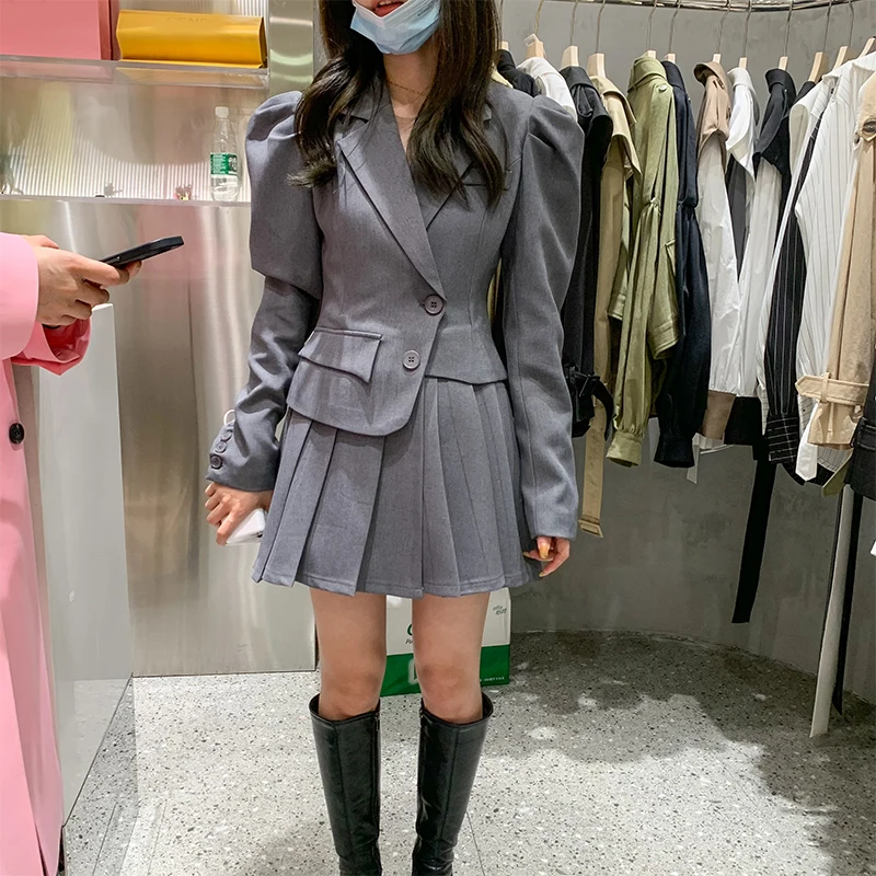 

Fake Two Short Women Dresses 2021 New Spring Autumn High Waist Gray Long-sleeved Pleated Dress Students Suit Dress Puff Sleeve
