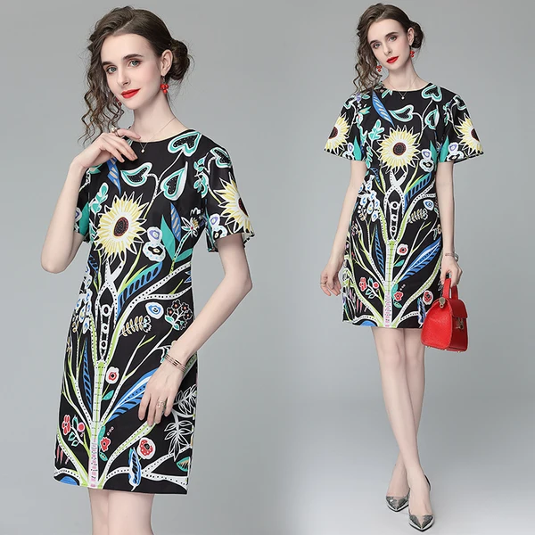 

LLZACOOSH Fashion Designer Flower Printed Dress 2021 Summer Women Short Sleeve O Neck A-Line Short Dress