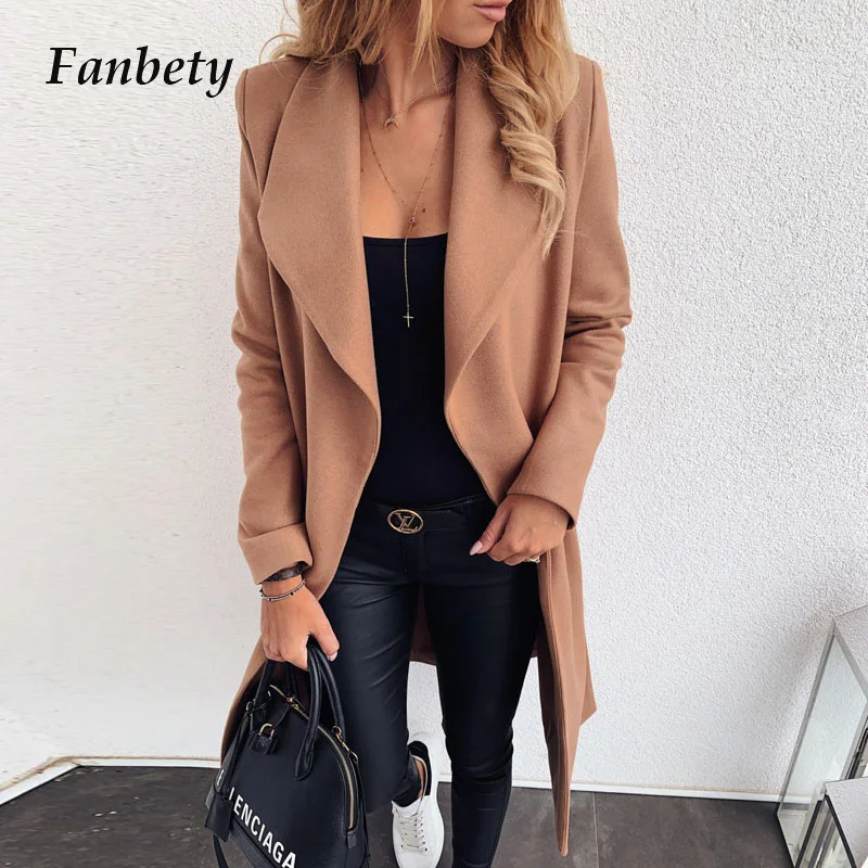 

Office Ladies Elegant Turn-down Collar Belt Woolen Coat Women Casual Solid Long Sleeve Open Stitch Autumn Winter Slim Long Coats