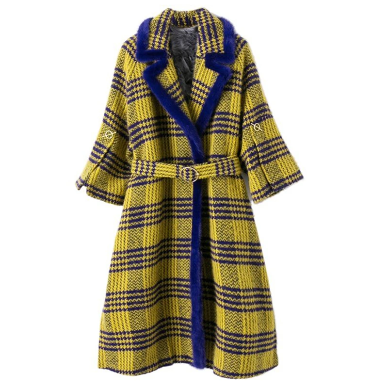 Coat Winter Women Wool 2020 Sheared Long mink fur Collar Coats Superior quality Plaid Jacket Brand Design Quality WHF103 s | Женская