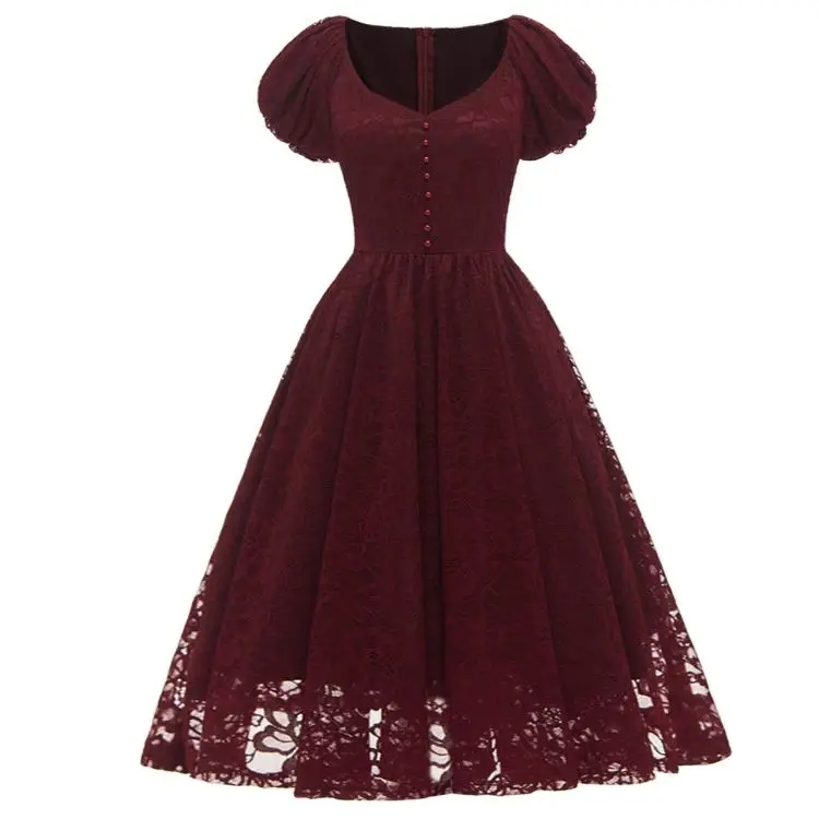 Summer Dress Women Puff Sleeve Deep V-neck Button Front Lace Dresses Vintage Swing Elegant Party Dresses Jurken