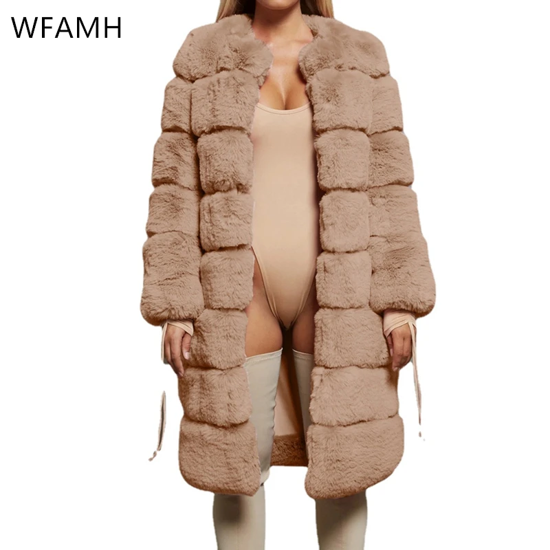 2021 New Winter Imitation Fur Coat Thickened Long Fashion Round Neck Cardigan Plush Jacket Women's Windbreaker Wide-waisted Full