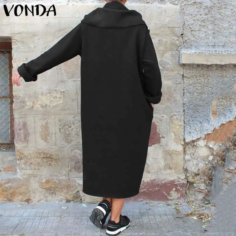 Осеннее платье с капюшоном и длинным рукавом VONDA, Женское зимнее однотонное повседневное Свободное длинное платье Vestidos, женское платье размера плюс 5XL