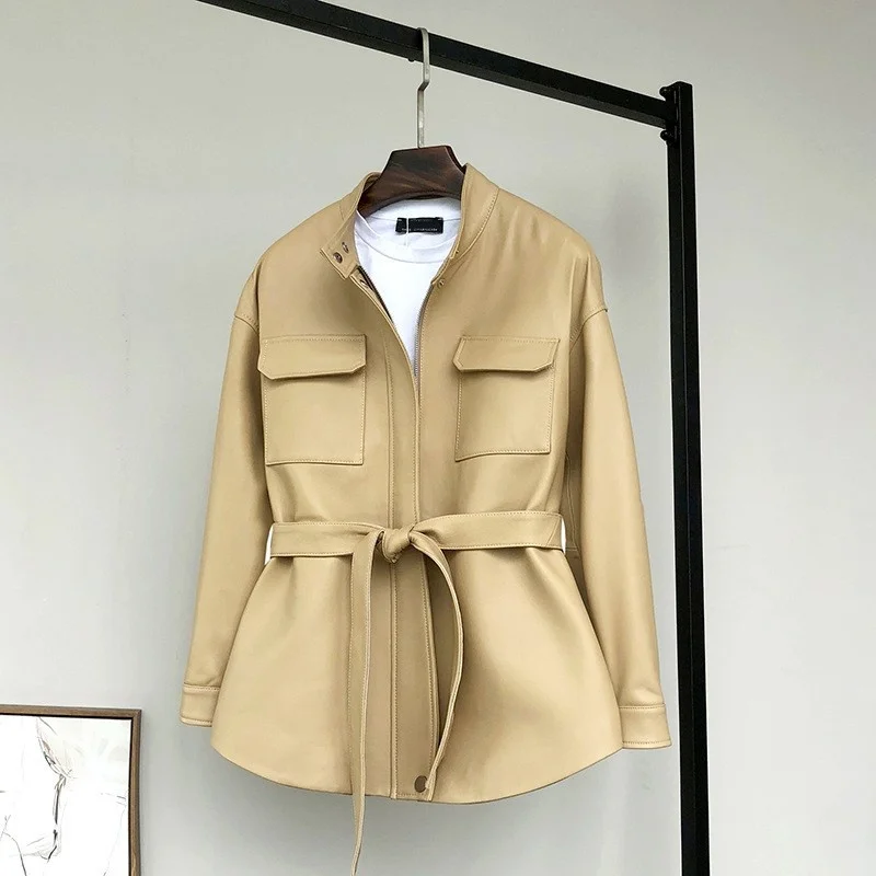 

Quality High Genuine Leather Cargo Jacket Women Zip Stand Collar Sashes Natural Sheepskin Windbreakers Coats Autumn Streetwear