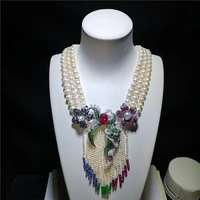 3 rows 8 9mm white freshwater cultured pearl color stone micro inlay zircon flower accessories tassel necklace long 45 51cm