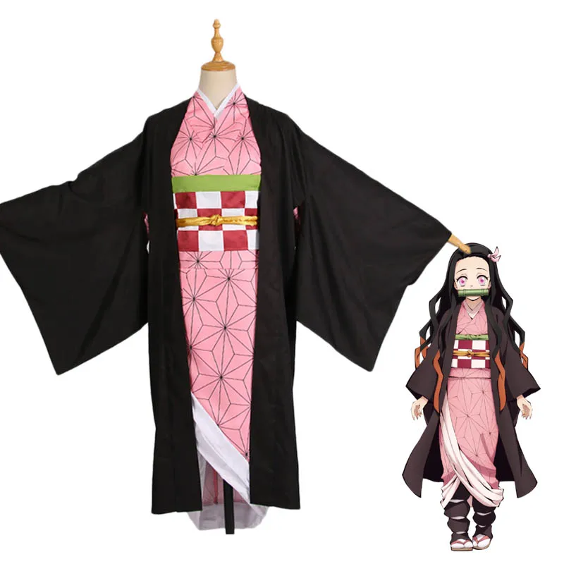 

Kamado Nezuko Anime Cosplay Costume Wig Demon Slayer Kimetsu No Yaiba Uniform Robe Full Set Halloween Gradient Hair