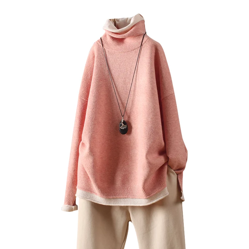 

false two pieces turtleneck knitted women sweaters solid loose vintage stylish females casual all match pulls outwear coat tops
