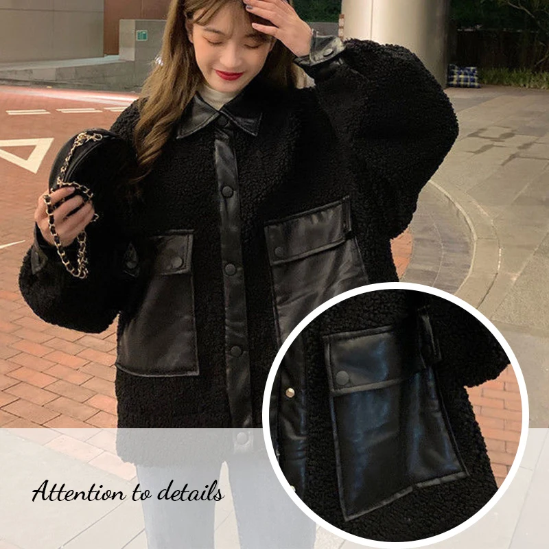 Anbenser Women's Leather Jacket Corduroy Stitching Autumn and Winter new Korean style loose short Motorcycle LeatherJacket Trend