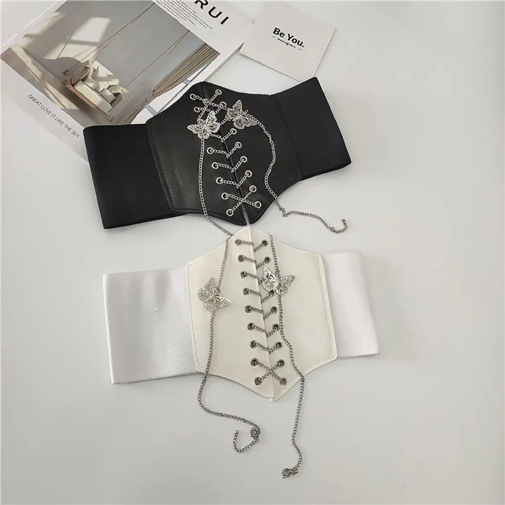 

Fashion Women Ultra Super Wide Cummerbunds Metal Butterfly Chain Corset Belt Pu Leather High Waist Belt Clothing Accesoories
