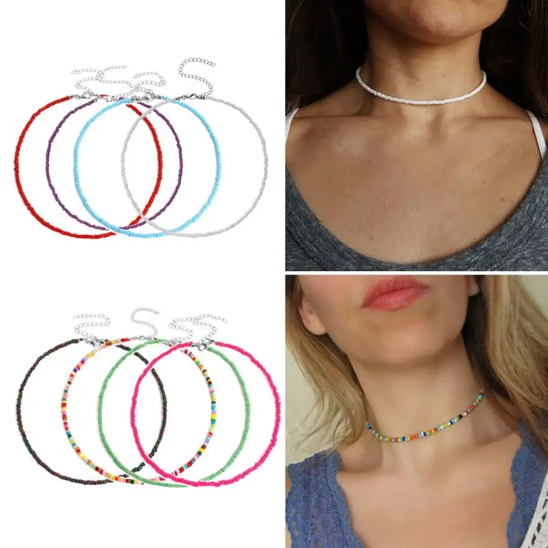 

Simple Seed Beads Necklace 8Pcs Bohemia Bead Summer Chokers Kit Multi-Colors Beaded Chain Necklace for Women Fashion Jewelry
