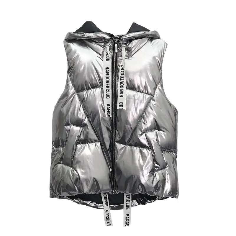 Осенние женские жилеты Блестящий жилет для девочек Приталенный с капюшоном