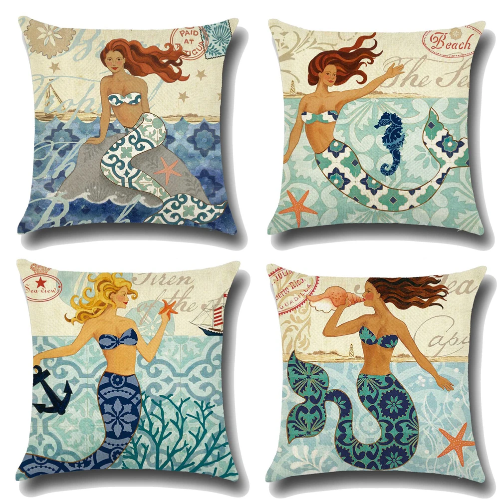

Pillow Case Sea Breeze Printed Pillowcase Ocean Vintage Mermaid Linen Decorative Pillowcase Living Room Bedroom Sofa Decoration
