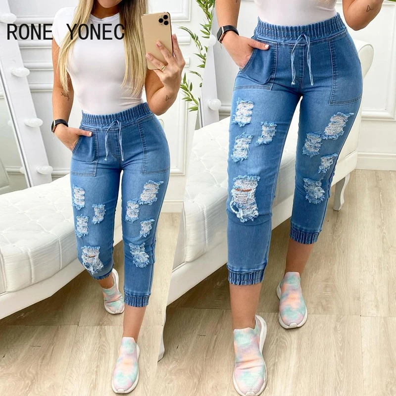 

Women Solid Casual Elastic Waist Ripped Pocket Tape Skinny Denim Capris Jeans