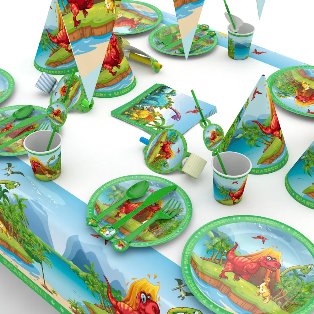 Dinosaur Party Tableware Paper Plate Cup Napkins Tablecloth Banner Happy Birthday Event Party Supplies for Boys