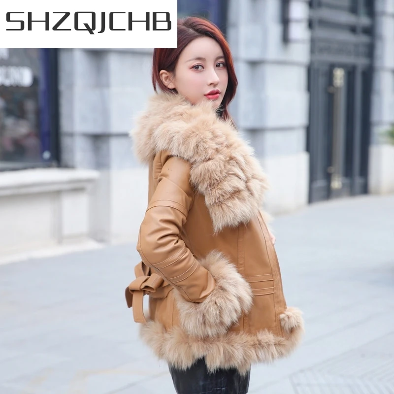 

JCHB 2021 Winter Sheepskin Fox Fur Coat Women Runway Elegant OL Belt Short Real Fur Jacket Slim Genuine Leather Fox Fur Collar O