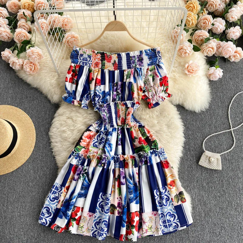 

2021 New Summer Women Print Beach Dress Fashion Elegant Off Shoulder Elastic Waist Mini Short Party Dresses
