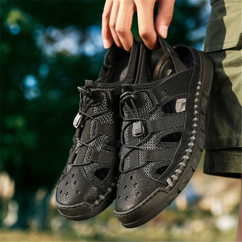 

DELFINE summer new hollow casual men's shoes Baotou beach outdoor sports men's shoes casual leather sandals men