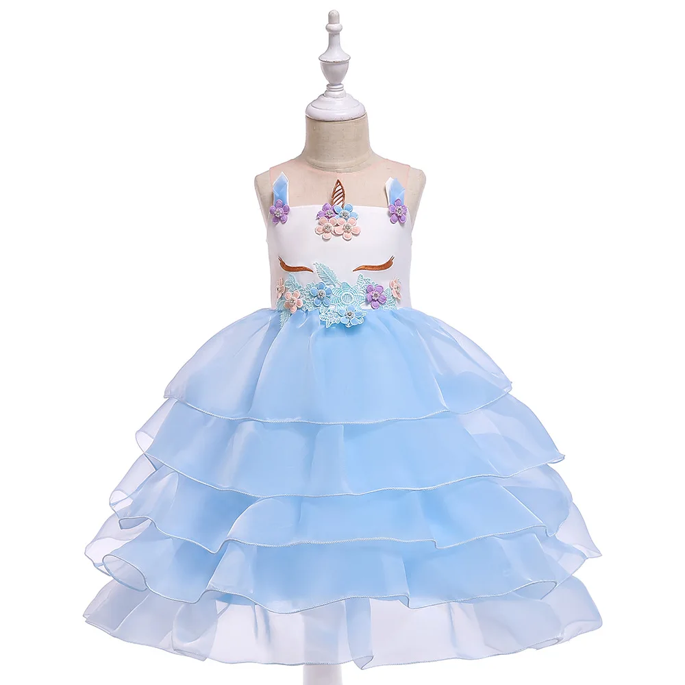 

New Summer Hot Sale Baby Cute Clothes Kids Lovely Girl Unicorn Party Layered Dress Sleeveless Fashion Girls Flower Dresses