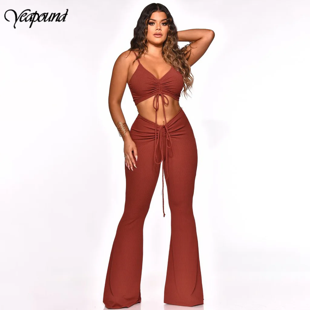 

Women Deep V High Waisted Pants Set Women Casual 2021 Flare Trousers Suits Summer Streetwear Drawstring Ruched Matching Set
