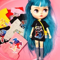 2pcsset of barbies blyth clothes cartoon print short t shirt striped socks can be used for 16 doll accessories