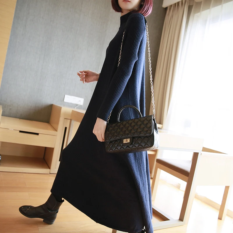 Осенне-зимний женский пуловер с высоким воротником длинное платье-свитер