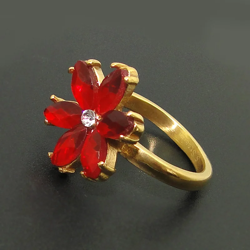 DICARLUN stainless steel flower rings for women black red crystal ring gold jewelry brown zircon rhinestone female girl gifts | Украшения и