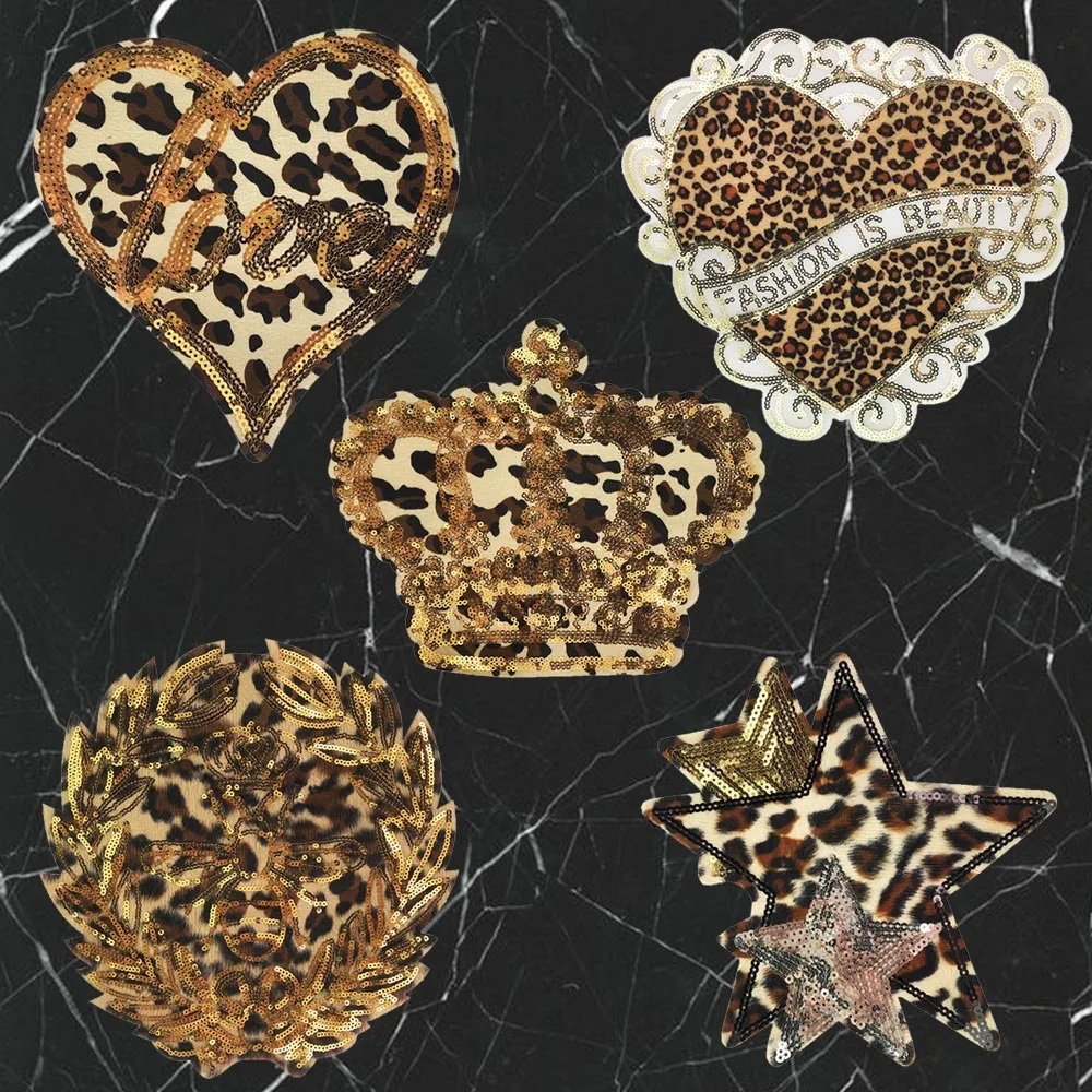 

2 Pieces Fashion Heart Crown Bee Stars Sequins Patches Badges Love Leopard Fabric Applique Sew on Clothes Decorated Supplies
