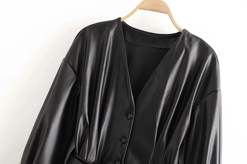 

Sexy v neck Faux Leather mini Dress Women black Puff Sleeve dress Elegant PU Ladies Dresses Vintage korean vestidos