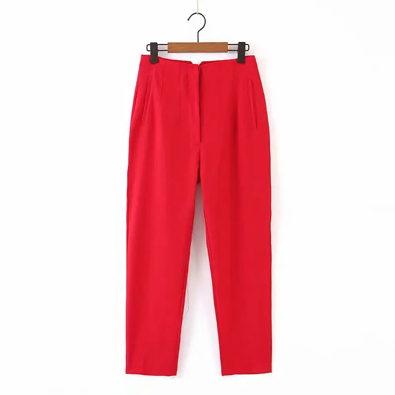 2019 женские стильные однотонные красные прямые брюки повседневные до щиколотки