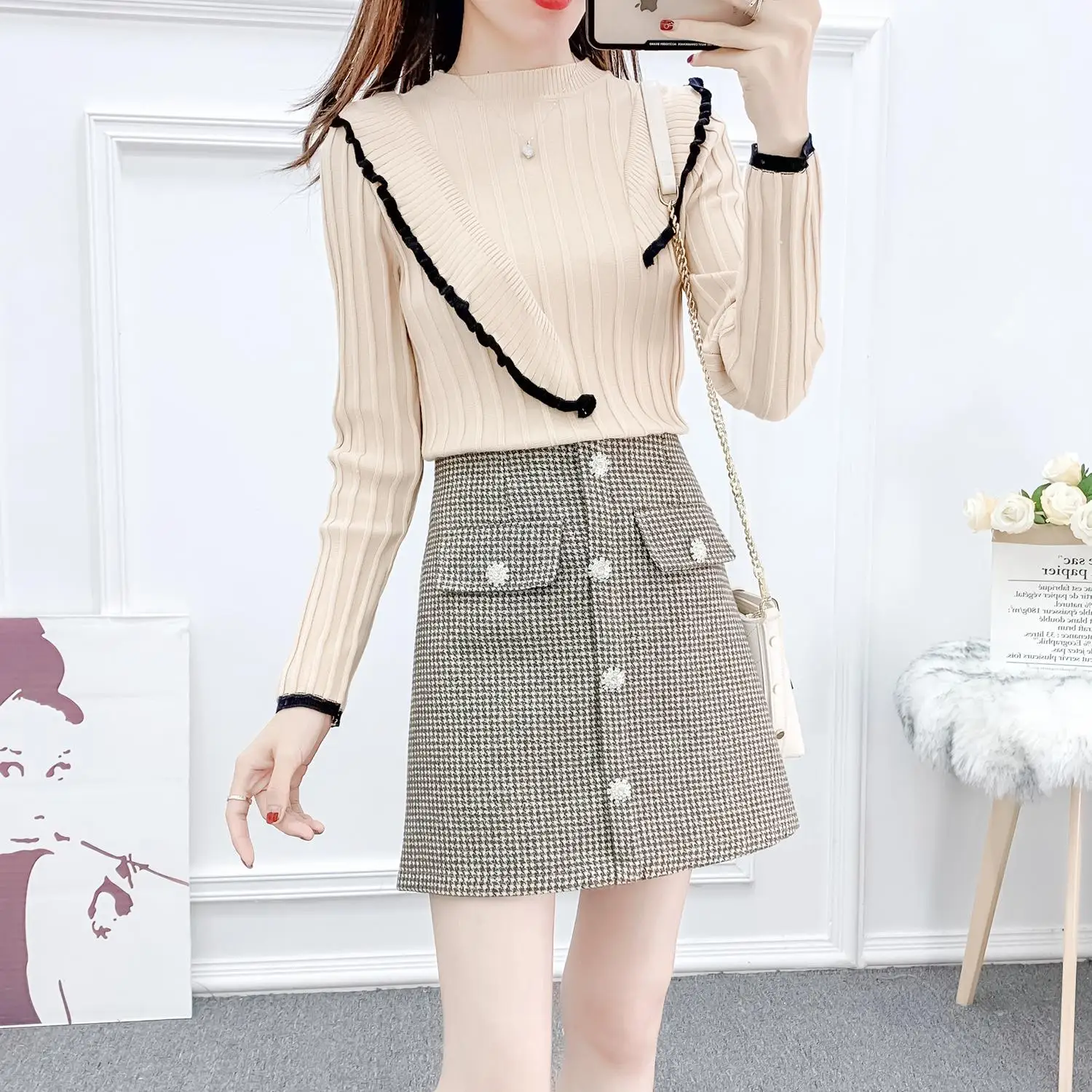 

New winter autumn skirt Korean fashion suits skirts falbala sweater grid two-piece outfit sweet girl women knitwear size S M L