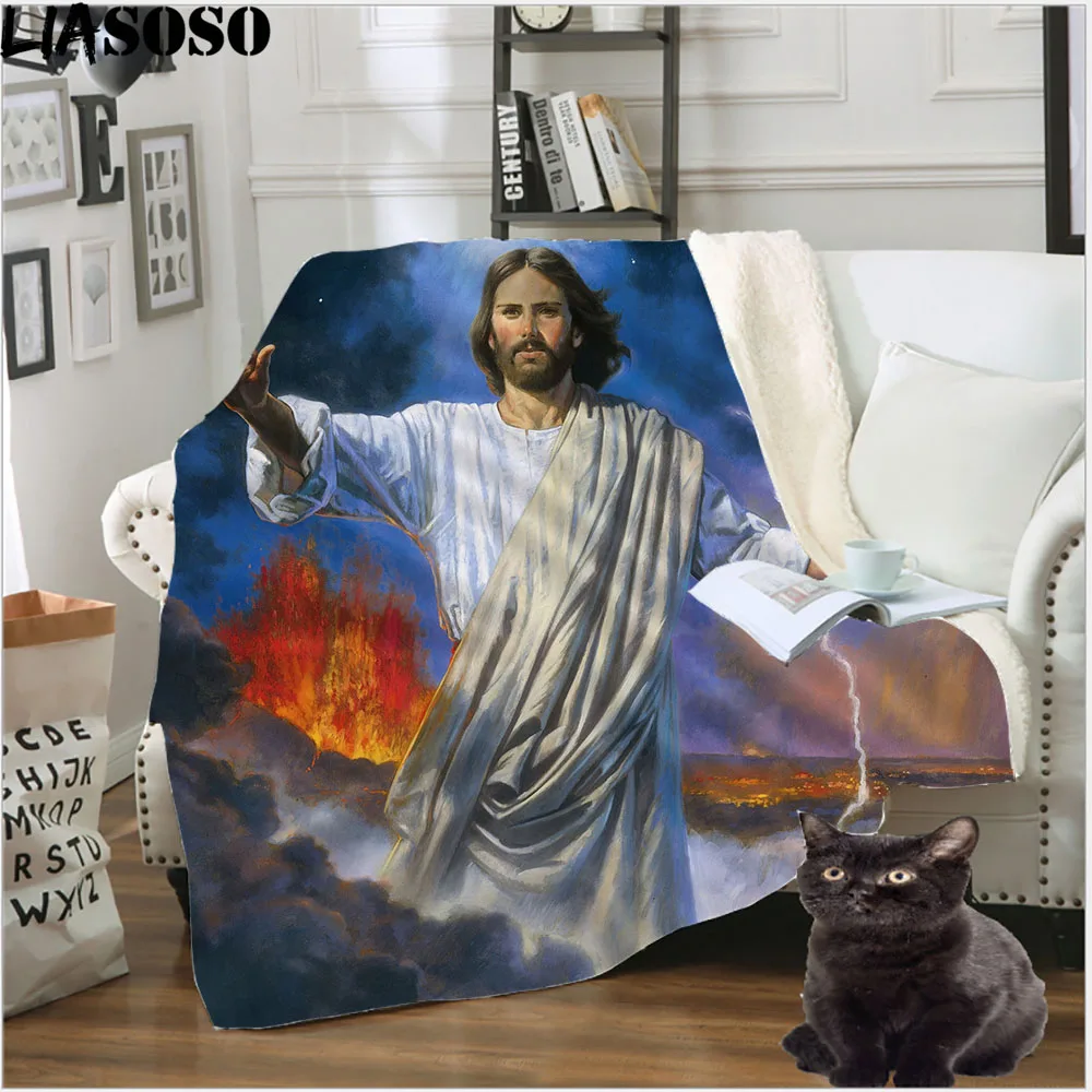 

Religion Jesus Christ 3D Printed Blanket Sofa Bed Chair Rest Bedding God Winter Cape Christians Cloak Plush Warm Sherpa Quilt