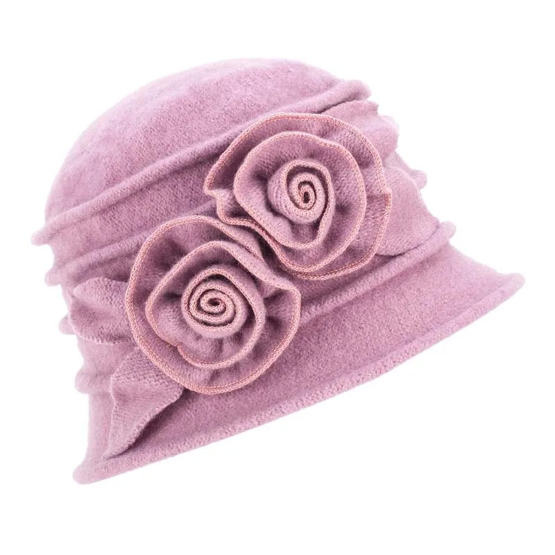 Light Purple Lawliet/женские зимние шапки из чистой шерсти с цветочной отделкой; теплая Женская Шапка-бини; одежда-ведро; фетровая шляпка для церкви; Повседневная Skullies A287 - Цвет: Light Purple
