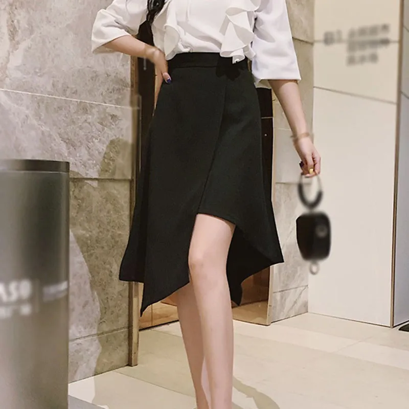 

2020 Spring Summer Black Skirts For Women Fashion Slim Irregular Hem Solid Color Skirt Streetwear Trendy Wild High Waist Skirts*