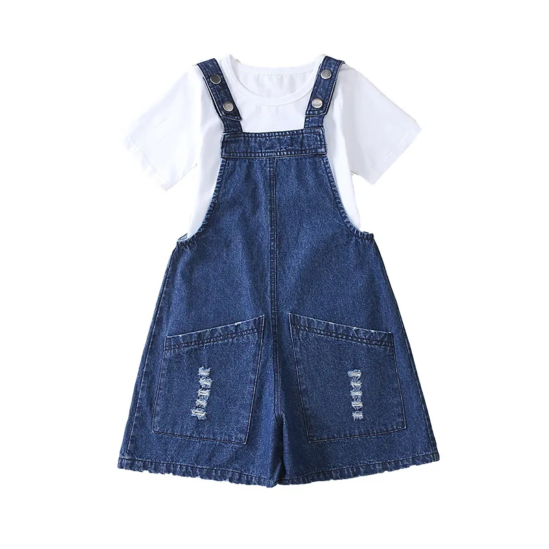 

Han edition 2021 new girls straps wide-legged pants suit children summer jeans is natural child loose two-piece outfit