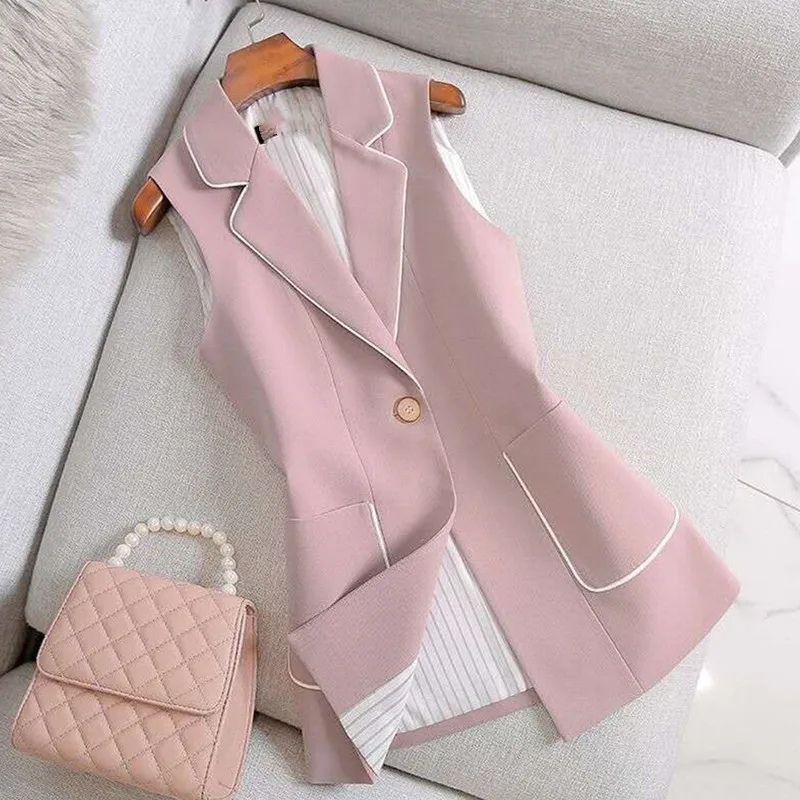

2021 Spring Autumn Women Vintage Long Blazer Vest Chic Single Button Sleeveless Suit Female Jacket Outwear Waistcoat Tops