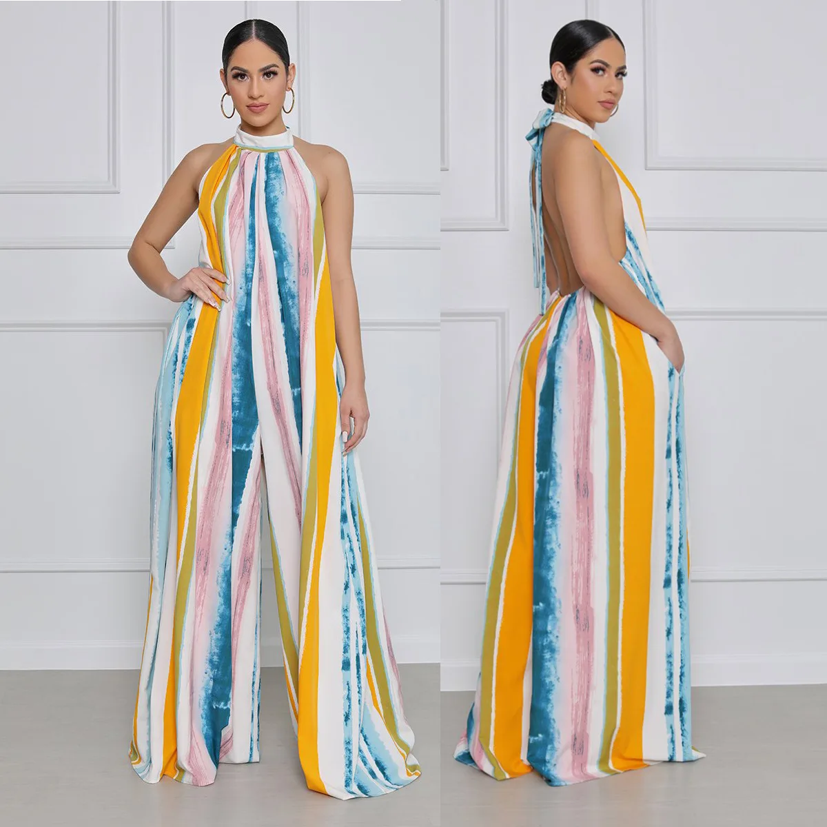 

Women Striped Jumpsuits Elegance Halter Casual Print Sleeveless Rompers Lace Up Loose One Piece Outfit Streetwear Summer Pants