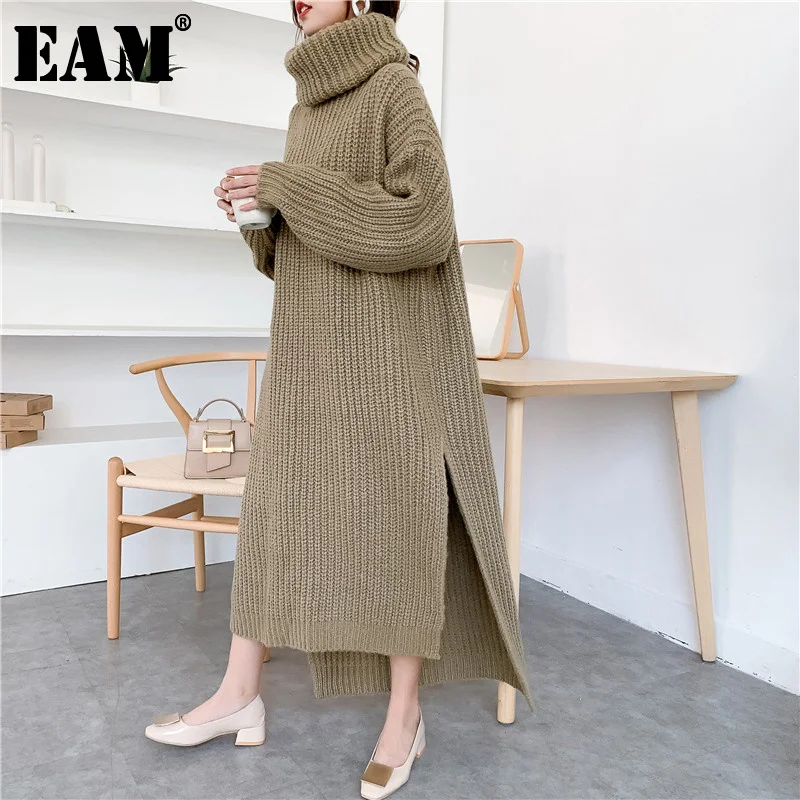 

[EAM] Khaki Big Size Knitting Sweater Loose Fit Turtleneck Long Sleeve Women Pullovers New Fashion Tide Autumn Winter 2022 1Y194