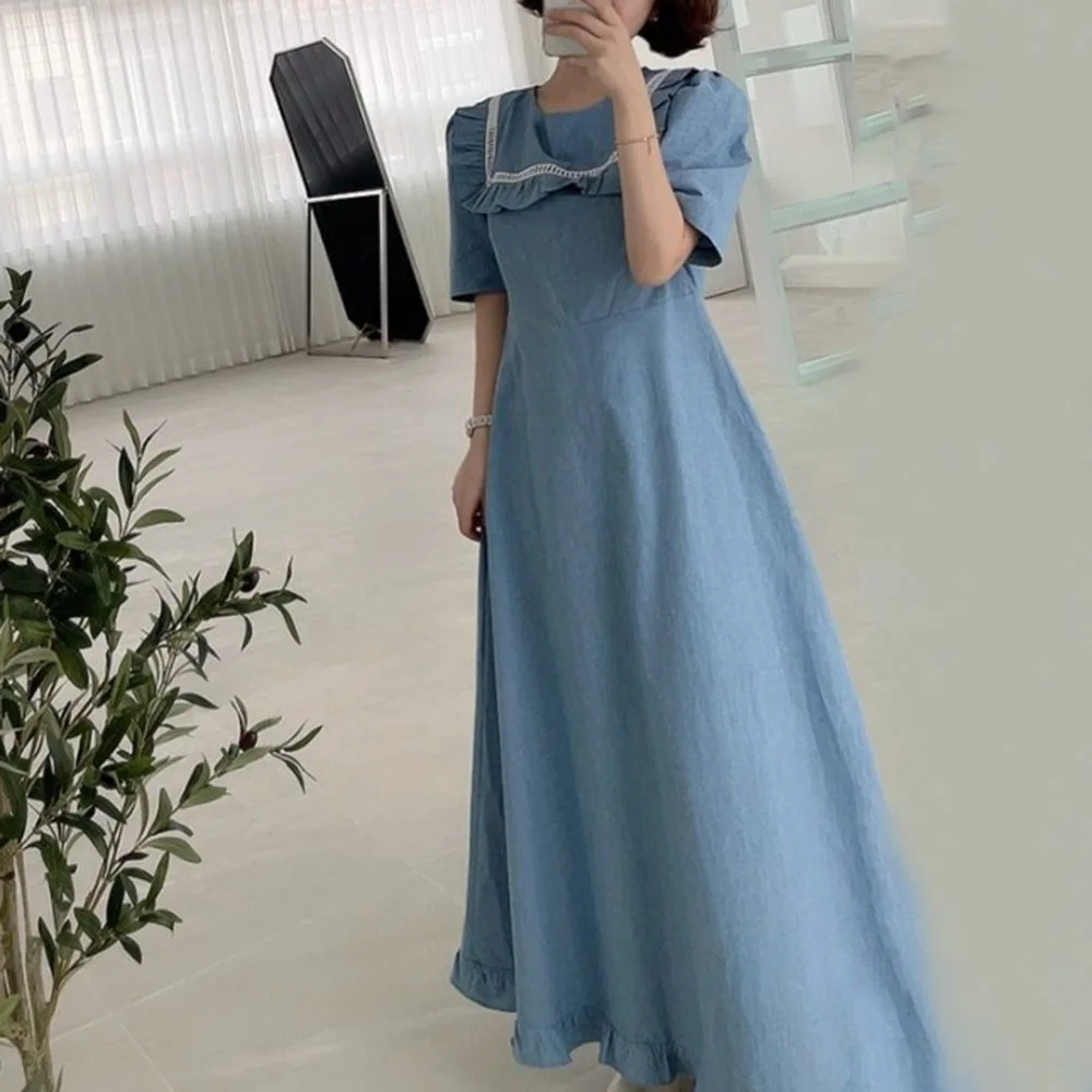 

Korean Fashion Lace Splicing Fungus 2021 Summer New Women's Dress Solid Color Round Neck High Waist Summer Casual