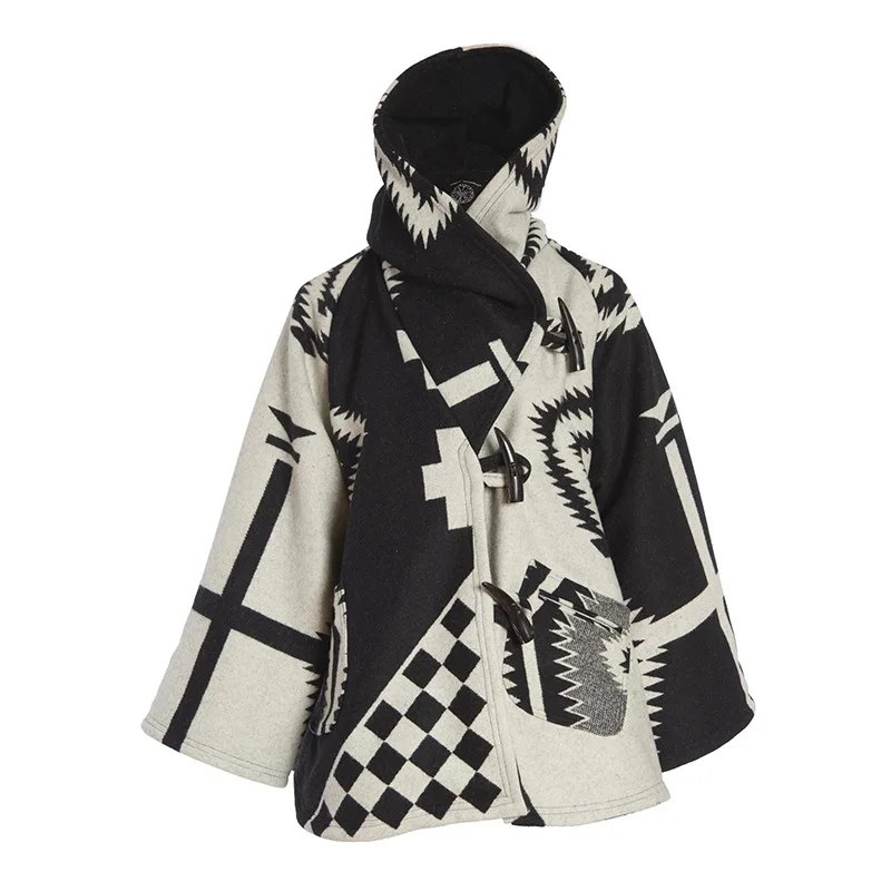 

2020 New Design Monochrome Print Vintage Elegant Women Blends Wool Cape Coat Warm Winter Outerwear Loose Flare Sleeve Hooded