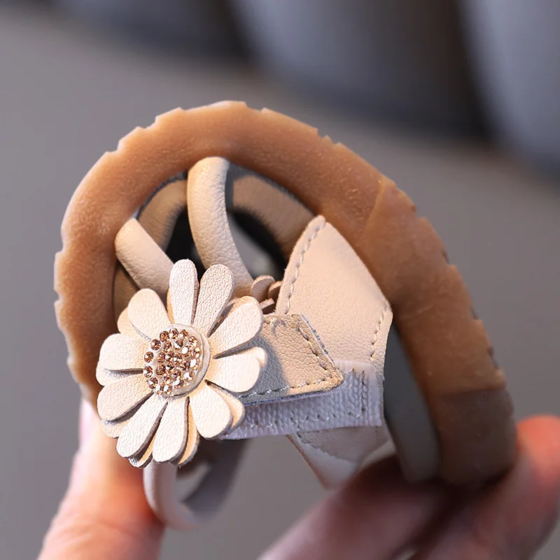 

14-19cm Brand Kids Girls Flower Sandals,Rhinestone Soft Sole Toddler Girls Beach Sandals,Beige Pink Little Princess Dress Shoes
