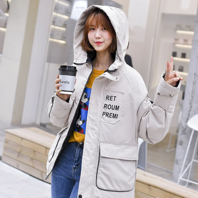

Fashion 2019 new style winter female down jacket hooded medium loose cool cotton clothes casual student long pure color overcoat