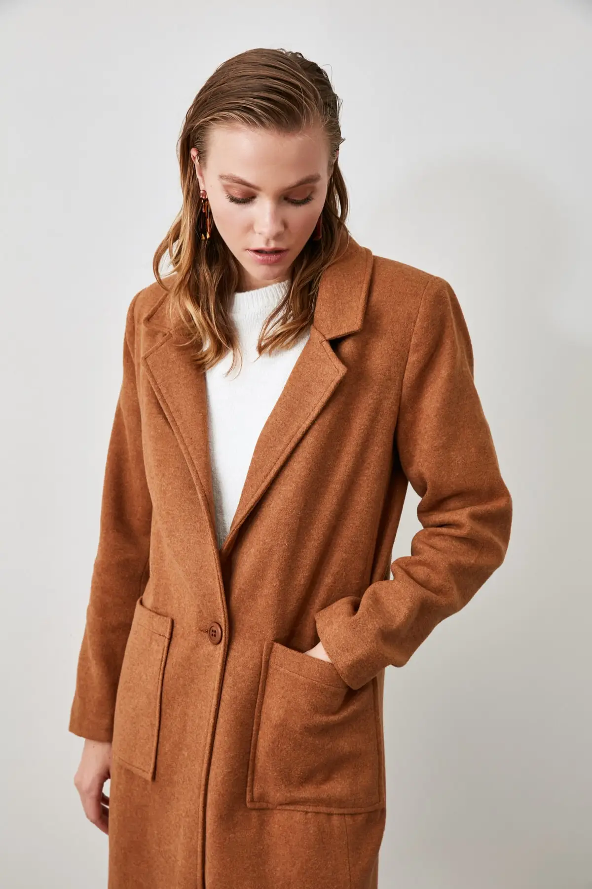 

Trendyol Black Front Single Button Woolen Long Stamp Coat TWOAW20KB0043