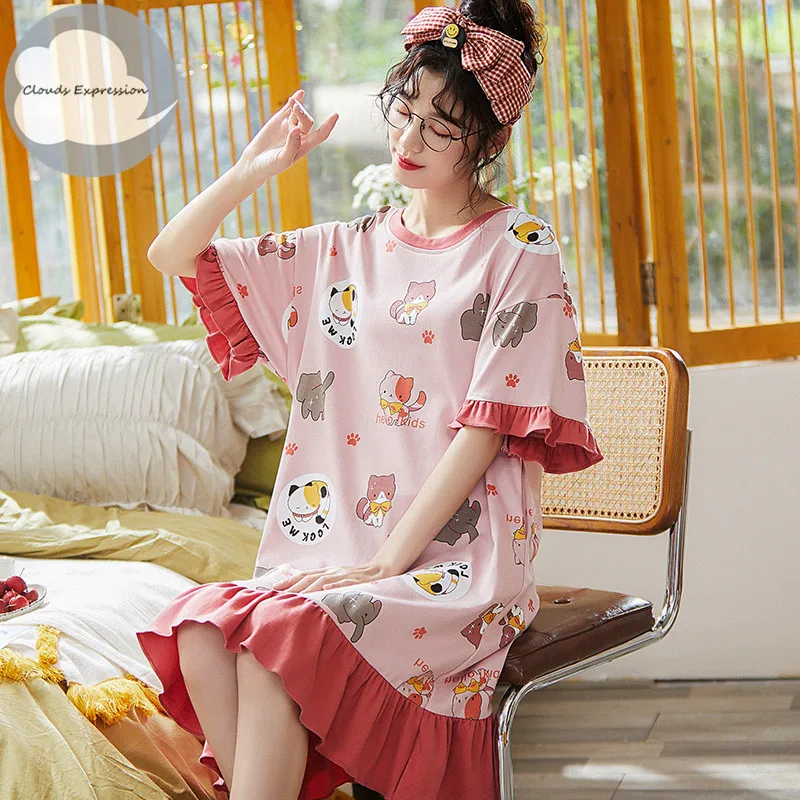 

Brand Summer Nightgowns O-neck Cotton Cartoon Women's Sleepwear Nightwear Plus Size Sleep&Lounge Nightdress Home Dress Fashion